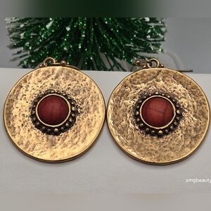 ✨2/$10✨ Handmade Vintage Bronze Tone Hammered Earrings Red Cabochon Bohemian